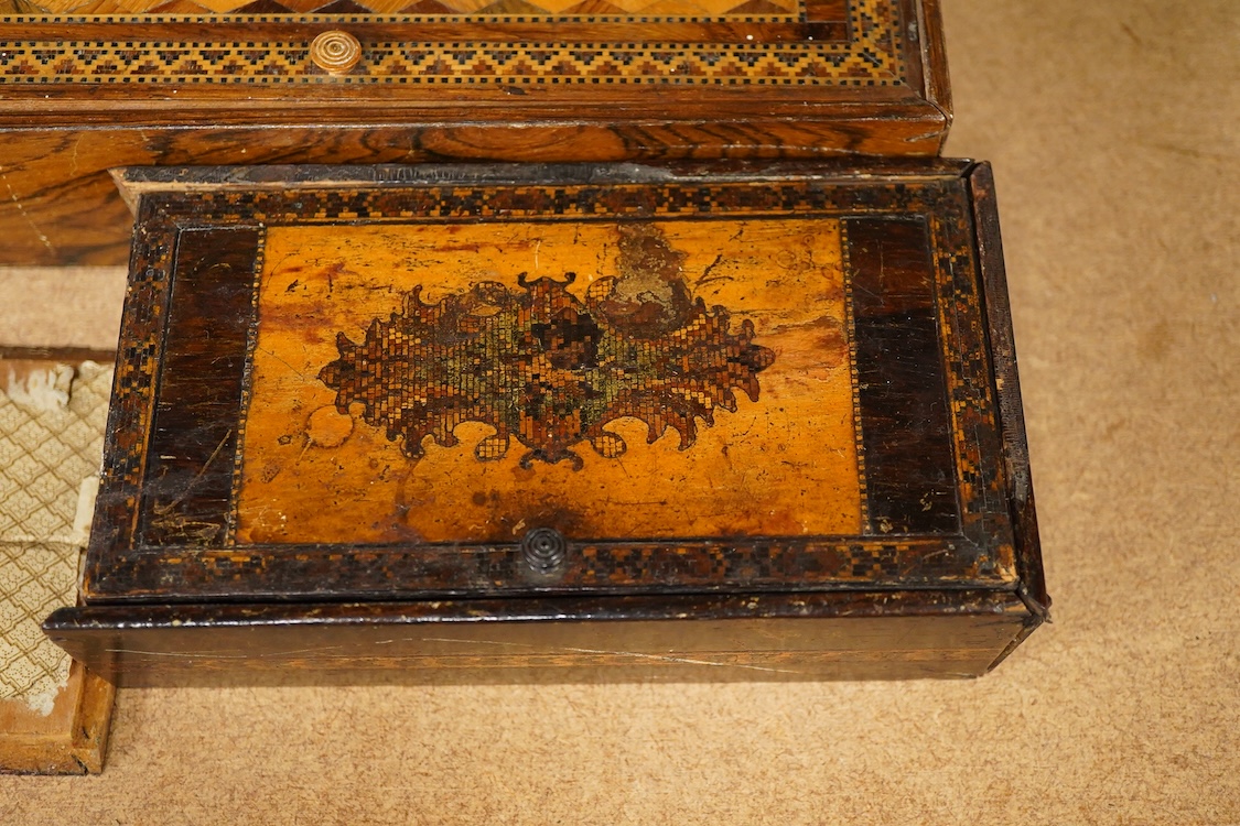 Tunbridge ware - two cribbage board boxes, a sewing box with accessories and another box, largest 26cm wide